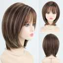 RENERSHOW Ombre Brown with Blonde Highlights Layered Bob Wig with Bangs Medium Length Straight Bob Wigs for Women 12inch Synthetic Natural Looking Daily Party Average Size Wig