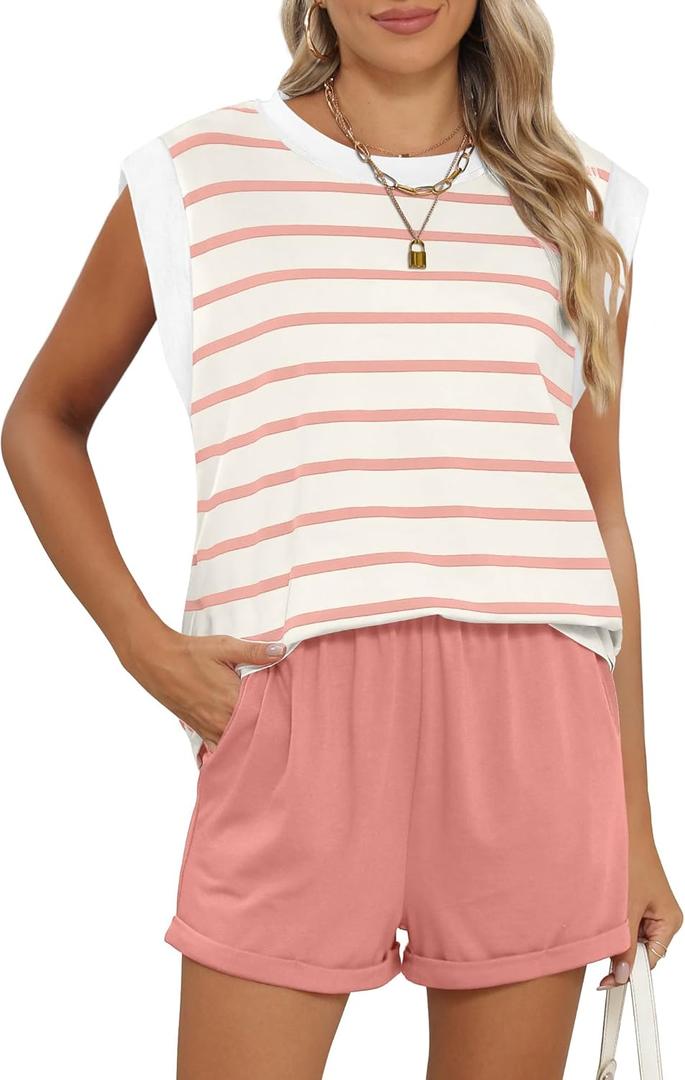 RUBZOOF 2 Piece Outfits for Women Lightweight Matching Lounge Sets Cap Sleeve Top and Elastic Waisted Shorts (Large, B-pink Stripe)