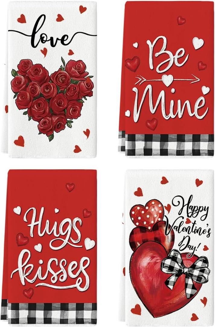 Artoid Mode Rose Floral Love Heart Kiss Valentine's Kitchen Towels Dish Towels, 18x26 Inch Anniversary Wedding Decoration Cleaning Set of 4