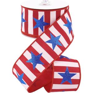 MEEDEE 2.5" Patriotic Dupioni Wired Ribbon – 10 Yards Red White Striped Ribbon with Blue Glitter Stars, 4th of July Ribbon for Wreaths, Bows, Gift Wrapping, Mailbox and Memorial Day Decor