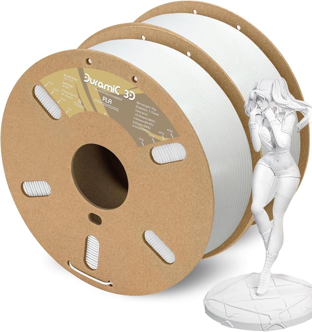 DURAMIC 3D PLA Filament 1.75mm 1kg Spool, Jam-Free High Stifness 3D Printing Filament with Cardboard Spool, No-Tangling No-Clogging Dimensional Accuracy 99% +/- 0.03 mm PLA White 2 Pack
