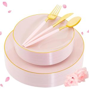Liacere 150PCS Plastic Plates-Gold Plastic Silverware with Pink Handle - Pink Disposable Plates Include 30 Guests Plates, Forks, Spoons, Knives for Wedding  Easter Day Mother's Day (Round)
