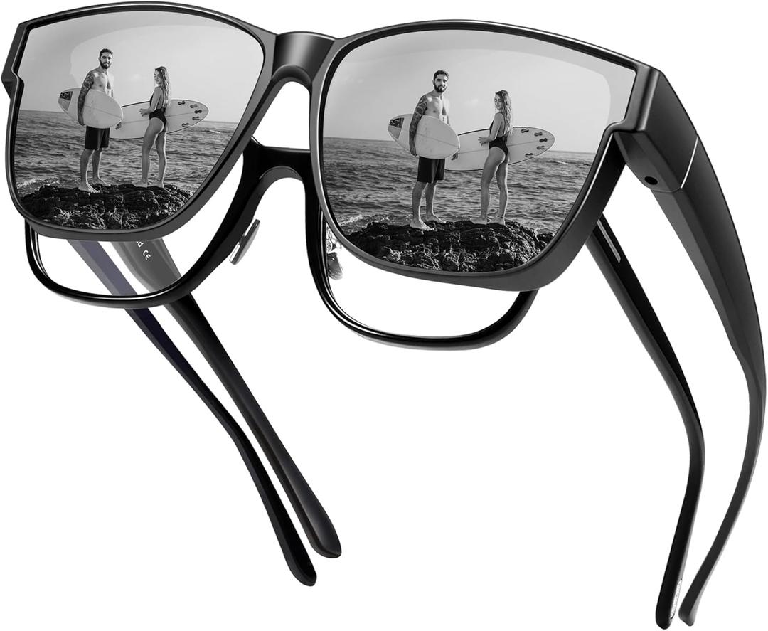 URUMQI Polarized Sunglasses Fit Over Glasses for Men Women, Oversized Square Shades UV400 Protection (01 Matte Black Frame/Grey Lens)