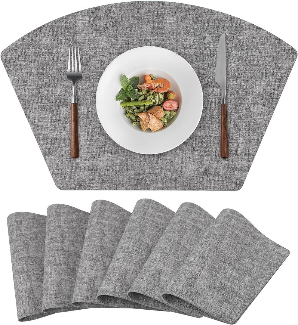 Round Table Placemats Set of 6, Faux Leather Wedge Shape Place Mats Heat Resistant Wipeable Washable Table Mats for Dining Outdoor Indoor, Gray