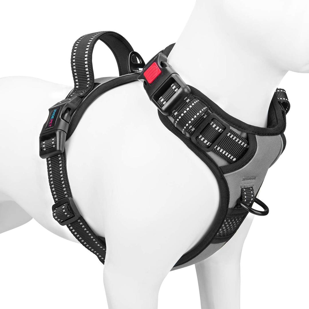 PHOEPET No Pull Dog Harness Medium Reflective Front Clip Vest with Handle,Adjustable 2 Metal Rings 3 Buckles,[Easy to Put on & Take Off](L, Grey) (Gray)