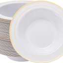 N9R 30PCS Disposable Plastic Bowls with Gold Rim, 12 oz Fancy White Plastic Bowls, Premium Dessert Salad Bowls Perfect for Party, Wedding and Everyday Use