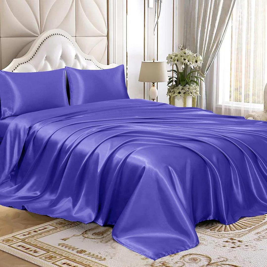 Homiest 4pcs Satin Sheets Set Luxury Silky Satin Bedding Set with Deep Pocket, 1 Fitted Sheet + 1 Flat Sheet + 2 Pillowcases (King Size, Periwinkle Blue)
