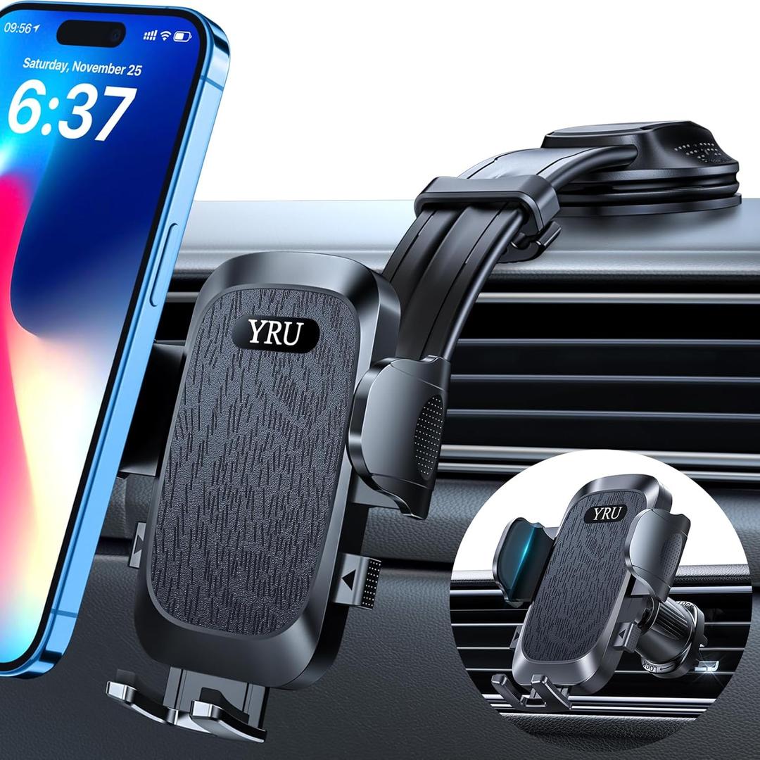 YRU [2026 Ultimate Car Phone Holder Mount [Bendable & Adjustable Aluminum Arm] Cell Phone Holder for Car Dashboard Windshield Phone Stand for iPhone 17 16 15 14 Pro Max Samsung Pickup Truck, Black 