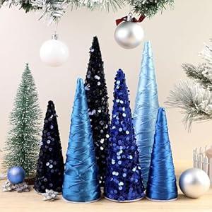 Anglechic 6 Pcs 10" 8" 6" Christmas Blue Cone Trees Decorations Glitter Velvet Cone Tree Centerpiece Christmas Blue Ornaments Table Centerpiece for Xmas Tabletop Crafts Wedding Party Room Decoration