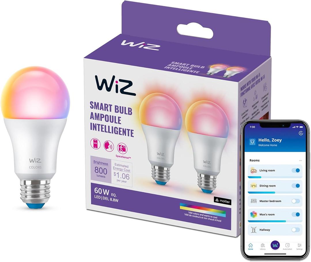 WiZ Connected Smart Light Bulbs, 2-Pack, Full Color A19 60W 800LM E26 LED Lights, Sunset/Sunrise Automation, Smart Bulbs with Motion Detection, Control with Voice or App
