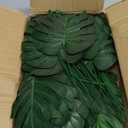 XONOR 100Pcs Artificial Monstera Leaves Fake Tropical Faux Palm Leaves with Stem for Jungle Hawaiian Dinosaur Luau Party Table Decoration Wedding Birthday Theme Party, Leaf Size: 7''x 5''