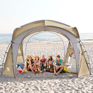 Beach Tent 12 X 12ft Large UPF50+ Pop Up Canopy with 2-Pcs Side Wall, Sun Shelter Rainproof, Waterproof for Camping Trips, Backyard Fun, Fishing, Parties, Or Picnics, Khaki-Upgrade 