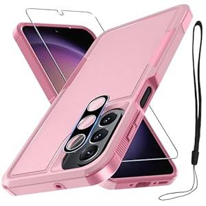 RMOCR Case for Samsung Galaxy A26, Full Body Heavy Duty Rugged Shockproof Protective Phone Cover with Lanyard Strap, Tempered Glass Screen Protector and Camera Lens Cover, Cute Pink