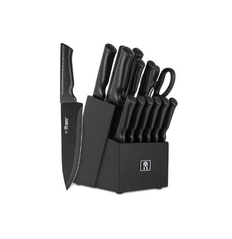 Hundop Knife Set, 15 Pcs Black Knife Sets for Kitchen with Block Self Sharpening, Dishwasher Safe, 6 Steak Knives, Anti-Slip Handle