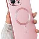 Magnetic for iPhone 16 Pro Case, with Camera Lens Protector, Compatible with Magnetic, Slim Shockproof Bumper Soft Silicone Metallic Lustre Phone Case for iPhone 16 Pro, Pink