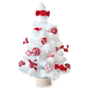 Mini Christmas Tree 2FT with LightsWhite Tabletop Christmas Tree with Flocking Snow Frost Tips Berries Wood Base with Burlap 55CM Small Xmas Pine Tree for Holiday Home Decoration