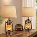 LEDIARY 18.72" Black Gold Vintage Lantern Flickering Flame Table Lamps for Bedrooms Set of 2, Small Farmhouse Rustic Vintage End Table Lamps, Halloween Decorative Lantern Bedside Lamps for Living Room