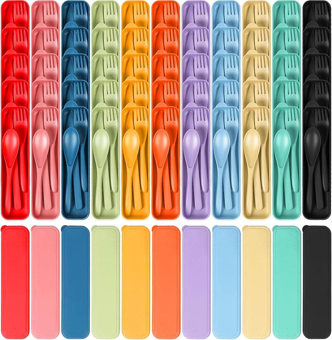 YDYTOP Reusable Travel Utensils Set with Case, 55 Sets Wheat Straw Knife Fork Spoon Cutlery, Multicolor Plastic Silverware for Kids and Adults, School Lunch, Party, Picnic and Camping