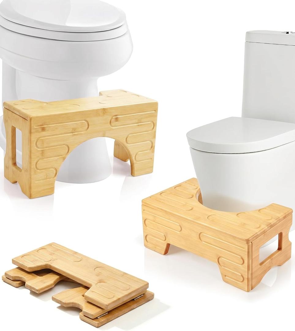 Foldable Toilet StoolSquat Stool for Bathroom,Bamboo Potty Stool for Toddler,Teens & Adults,Adjustable 7" & 9" Heights Flip Design,Compact Space-Saving Poop Stool for Small Bathroom (Natural Color)