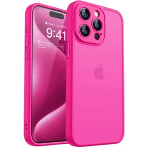 CANSHN Matte Compatible with iPhone 15 Pro Case, Upgraded [Full Camera Protection] [Translucent Matte] Shockproof Protective Phone Case Cover 6.1 Inch - Hot Pink