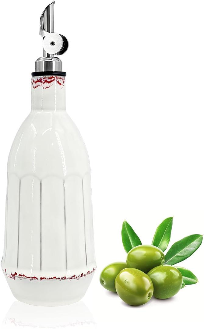 Ceramic Olive Oil Dispenser Bottle, 18oz Opaque Kitchen Oil Bottle with Automatic Stainless Steel Pourer Spout, for Premium Olive Oil, Vinegar, Soy Sauce & Liquids, Single Bottle (1 Piece)
