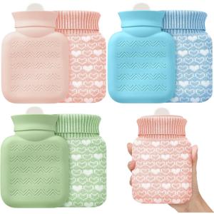 Amylove 3 Pcs Mini Hot Water Bottle for Hot & Cold Compress with Cover 320ml Silicone Microwave Heating Bottles Small Water Bag for Travel Holiday Gift(Pink, Blue, Green,Heart Print)