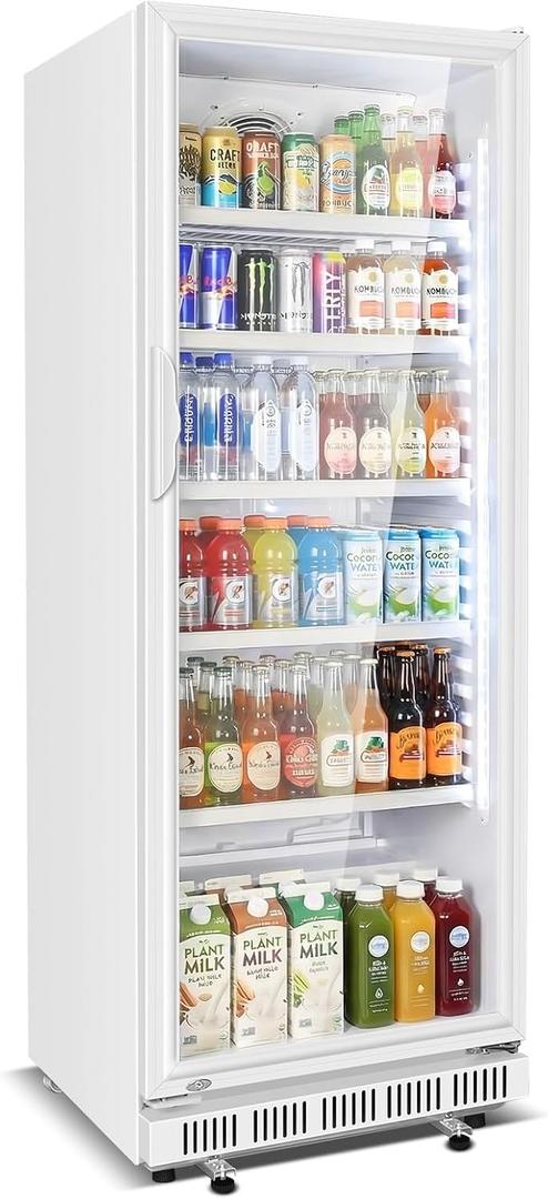 Velivi Commercial Beverage Refrigerator, 24.5" Glass Door Display Fridge, 15 Cu.Ft Beverage Cooler with 5 Adjustable Shelves, Auto Rebound Door, Low Noise, for Shops, Restaurants & Bars WHITE