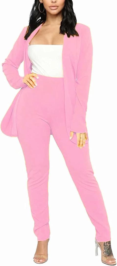 Aro Lora Women's 2 Piece Outfit Casual Solid Open Front Blazer and Pencil Pant Suits Set (Pink, L)