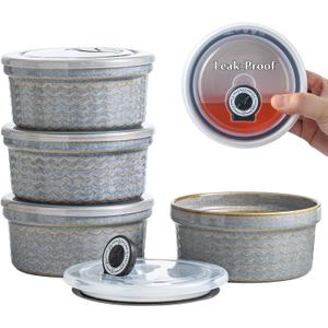 Ceramic Small Baking Dishes for Oven, 12oz Meal Prep Containers Charcuterie Bowls with Lids, Creme Brulee Ramekins Set, Pudding Custard Cups Fruit Souffle Bowls Set of 4, Grey Ripple