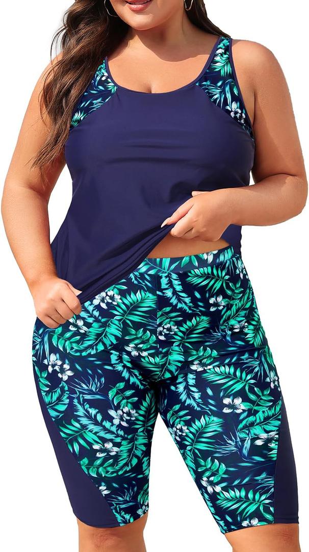 Daci Womens Plus Size Tankini Swimsuits - Tummy Control Two Piece Bathing Suits with Knee Length Shorts 2025 (Navy Leaves), 20W
