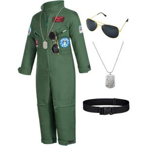 Kids Fighter Pilot Costume - Air Force Flight Suit Roleplay Dress Up with Aviator Accessories for Girls Boys (10-11 Years, Army Green)