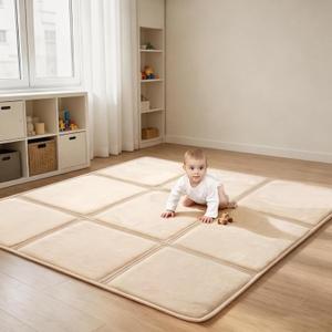 Goyuu Foldable Baby Play Mat for Floor, 50x50 Playpen Mat, Soft Velvet Baby Play Mat 0.8" Baby Foldable Crawling Mat Tummy Time Mat, Non-Slip Play Mat Portable for Babies & Toddlers,Beige