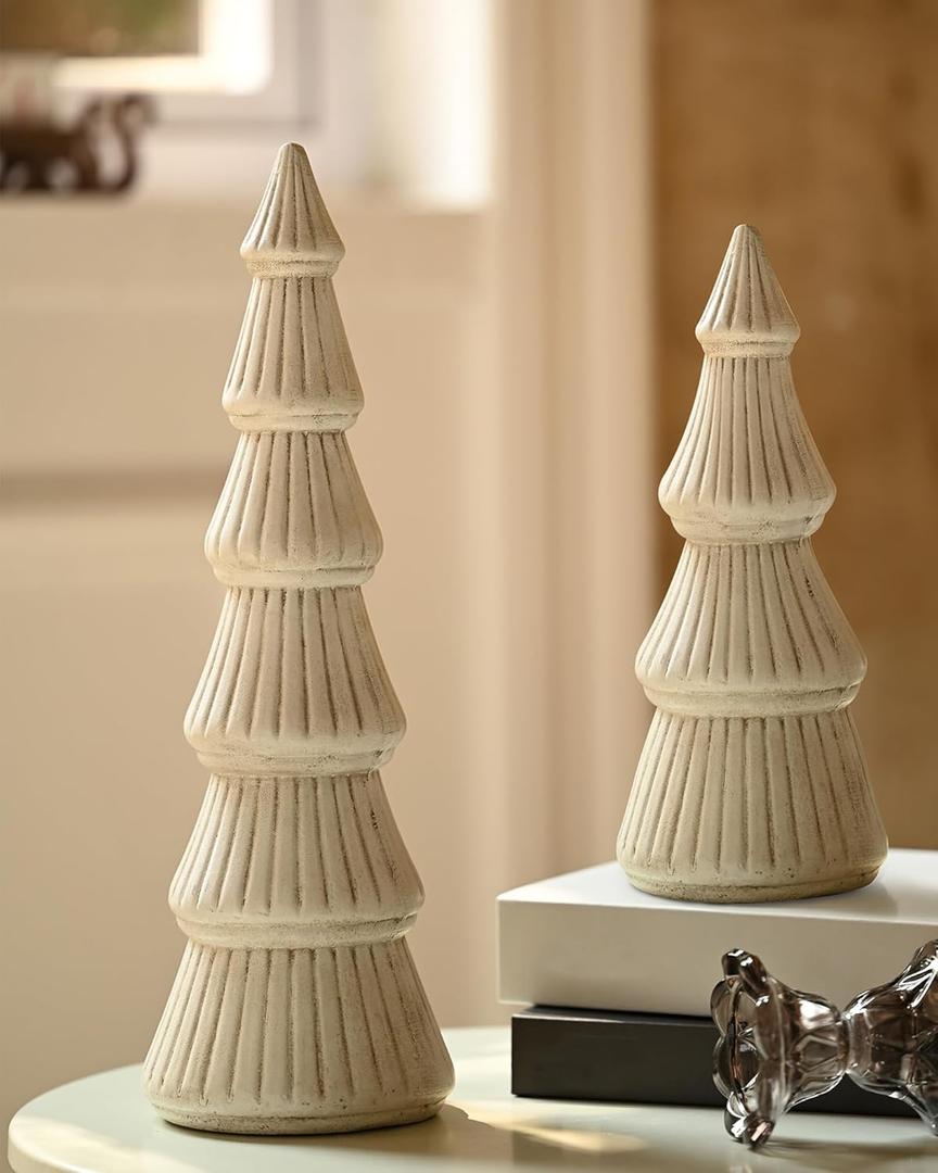 WONDROUS' DECO Wooden Christmas Tree Figurine Decor, Set of 2 White Christmas Tree Table Centerpieces, Small Distressed White Xmas Trees Set Decoration for Vintage Mantle Indoor
