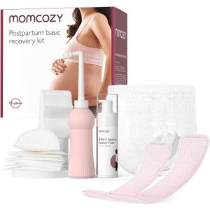 Momcozy Postpartum Recovery Essentials Kit, Labor Delivery Mom Care Kit, Self-Absorbent Disposable Underwear Nipple Nursing Pads Upside Down Peri Bottle Cold Pads Cooling Foam Canvas Bag Set (Red)