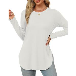 XIEERDUO Womens Long Sleeve Round Neck Shirts Side Split Basic Loose Tunic Tops Casual 2025 (White) XL