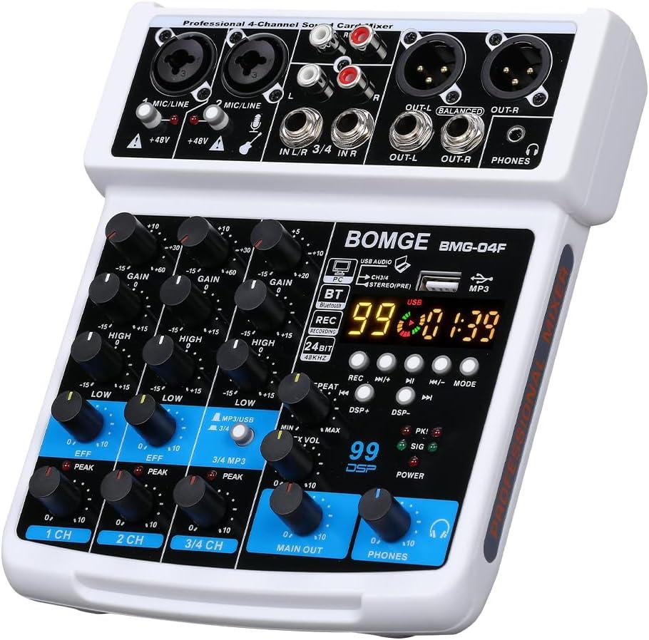 BOMGE 4 Channel mini DJ Audio Sound Mixer Interface with MP3 USB, Bluetooth, Stereo Recording, 48V Phantom Power, 99 DSP for karaoke, performance, church singing  podcas streaming- white