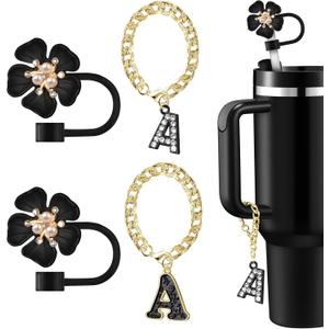Straw Covers for Stanley Cup Accessories: Black Decorations for Stanley 30 oz & 40 oz Tumbler with Handle, Bling Letter Charms and Flower Silicone Straw Cap Topper, Trendy Stuff for Teen Girls & Women, Set of 3