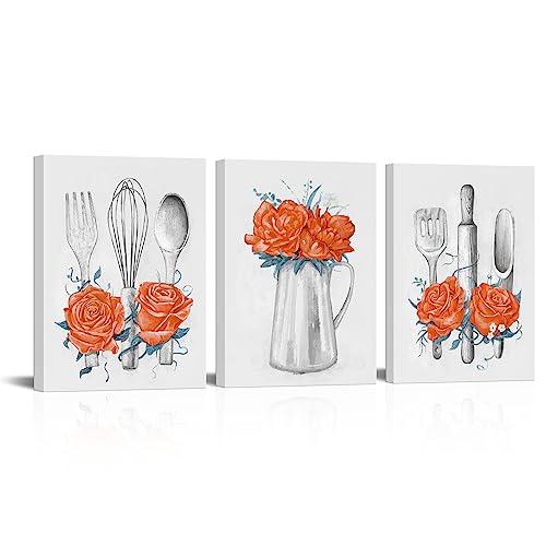 Visual Art Decor Kitchen Art Orange Kitchen Decor Painting Framed Ready to Hang 12x16inchx3Pieces (Orange)
