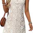 WDIRARA Women's Floral Textured Bow Tie Shoulder Short Dress Ruffle Sleeveless V Neck Tank Dresses (Beige, S)