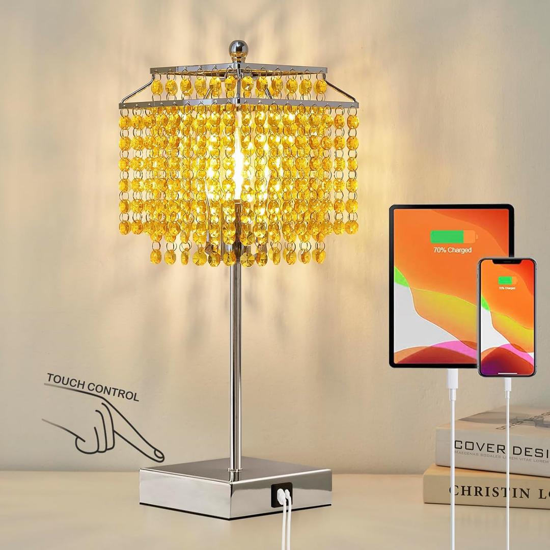 Crystal Table Lamp with Touch Control, Bedside Lamp with USB C+A Ports, 3-Way Dimmable with Crystal Shade for Girls Bedroom, Living Room, Light Yellow & B11 LED Bulb Included