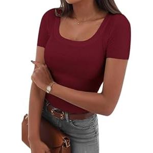 Ryaiwi Ribbed Short Sleeve Shirts for Women, Scoop Neck Fitted Womens Short Sleeve Tops Casual Basic Tshirt Trendy Outfits Red M