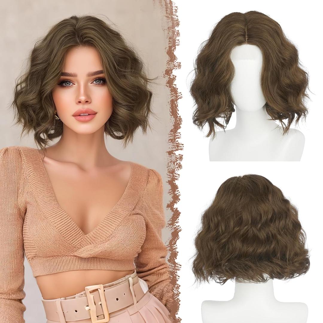 FESHFEN Short Wavy Bob Wig for Women -11 Inch Lace Front Hairline Middle Part Wavy Curly Natural Looking Synthetic Wig for Daily Party Costume, Chestnut Brown