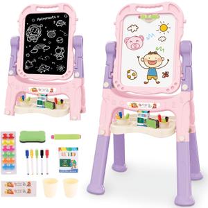 deAO Art Easel Toys for Kids, 4-in-1 Double Drawing Board Adjustable Standing Rotatable Sidewalk Chalk with Painting Writing Accessories, Easel Toys Birthday Gifts for Girls Boy (Pink)