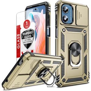 LeYi for Motorola Moto G Play Case 2024, G Play 2024 Case with Slide Camera Cover and Screen Protector, [Military-Grade] Android Cellphone Case Cover with Magnetic Ring Kickstand MotoG Play 2024, Gold
