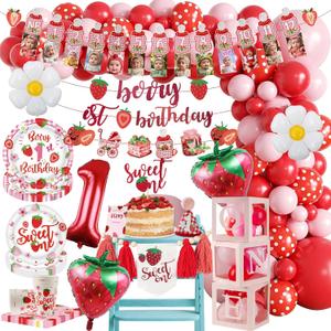 214PCS Berry First Birthday Decor Strawberry 1st Birthday Decorations for Girls Include Balloons, Balloon Boxes, Photo Banner, Crown, Cake Topper, Poster, Plate, Napkin, Cup and Plastic Forks