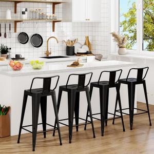 Metal Bar Stools Set of 4 Barstools Indoor/Outdoor Counter Height Bar Stools Bar Chairswith Back Counter Height for Kitchen Island Dining Room (Black, 26inch)