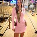 GOBLES Women's Sexy Long Sleeve V Neck Ruched Bodycon Mini Party Cocktail Dress (Pink, S)