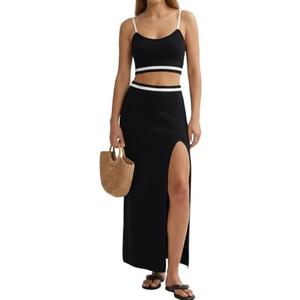 Denis Lora Skirt Sets Women 2 Piece Outfits Dressy Summer Knit Cami Top High Slit Skirt Set for Vacation Brunch and Going Out, M