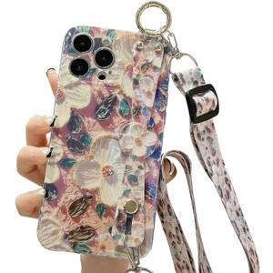 Compatible with iPhone 14 Plus Case,[ with wrist strap + lanyard ]Colorful Retro Oil Painting Printed Flower Laser Glossy Pattern Cute Exquisite Phone Cover Stylish Protective Case for Girls Women. (Pink)