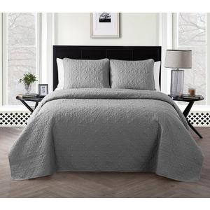 VCNY Home - King Size Quilt, 3-Piece Lightweight Bedding Set with Matching Shams, Embossed Textured, Floral Home Decor (Caroline Grey, King)